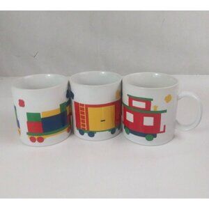 Set Of 3 1984 Gear Design Primary Colors Toy Train Cars & Caboose Coffee Cups